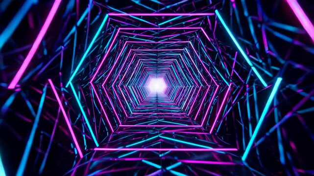 a dark tunnel with neon lights inside