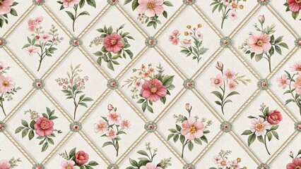 Elegant Floral Pattern with Pink Flowers and Diamond Lattice Design Background