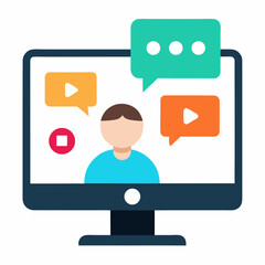 Online video conference with chat bubbles and play buttons