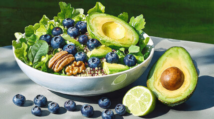 vibrant bowl of quinoa salad featuring fresh greens, avocado, blueberries, and nuts, perfect for healthy meal