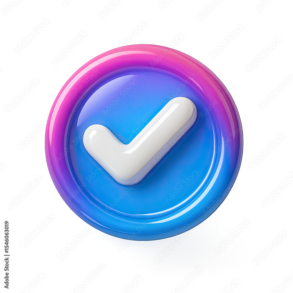 Fototapete 3d render of glossy blue check mark icon with pink gradient circle