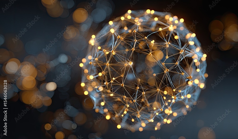 Poster illuminated sphere of interconnected nodes, glowing faintly against a bokeh backdrop