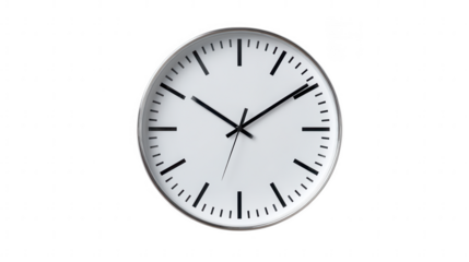 A simple white and silver round clock isolated on transparent background