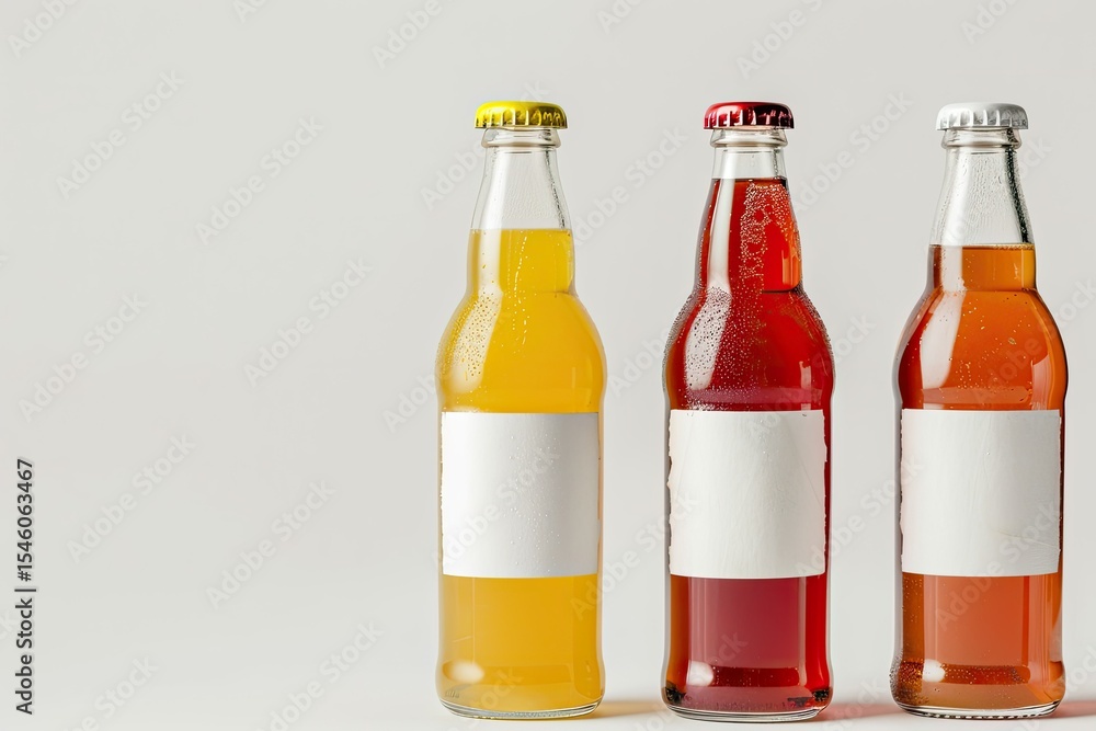 Poster tasty drinks in bottles with blank labels on white background mock up for design