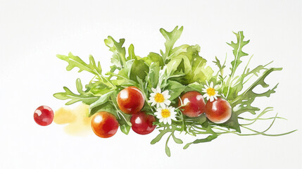 Fresh salad with vibrant greens and cherry tomatoes, beautifully illustrated watercolor, evokes sense of freshness and health