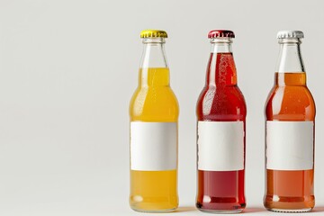 Tasty Drinks in Bottles with Blank Labels on White Background Mock Up for Design