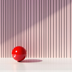 vibrant red sphere rests white surface against striped pink wall, creating striking visual contrast. play of light and shadow