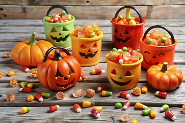 Halloween Candy Buckets and Pumpkins Festive Autumn Treats