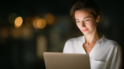 Young businesswoman in virtual meeting using laptop and writing notes