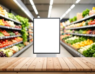 Supermarket aisle with fresh produce and blank advertising board on wooden table