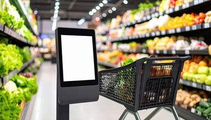Supermarket aisle with fresh produce shopping cart and blank digital display screen