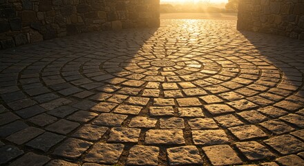 Circular stone layout forming a radial design, centered under warm sunlight. Minimal background, natural textures highlighted by directional light and subtle shadow play.