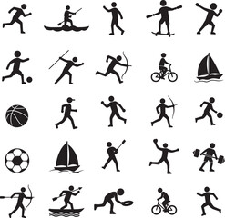 Collection of diverse stick figure athletes engaged in various sports activities silhouette icon