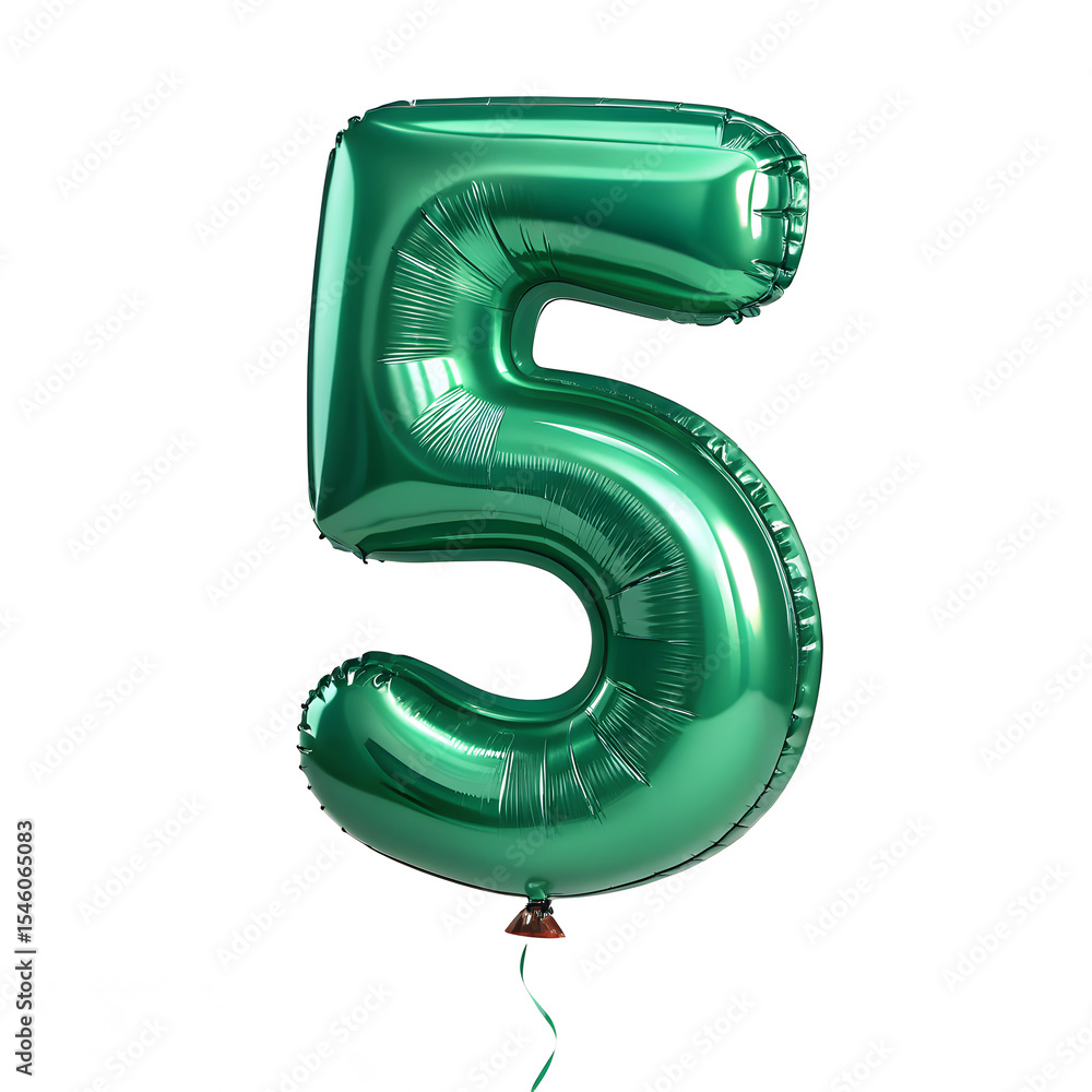 Fototapete a balloon shaped like the number 5,emerald green metallic finish with realistic reflections and smoo