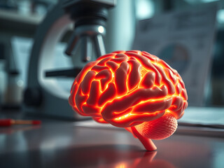 Glowing human brain model with neural connections placed on lab table, symbolizing schizophrenia research and neuroscience study of mental health disorders.