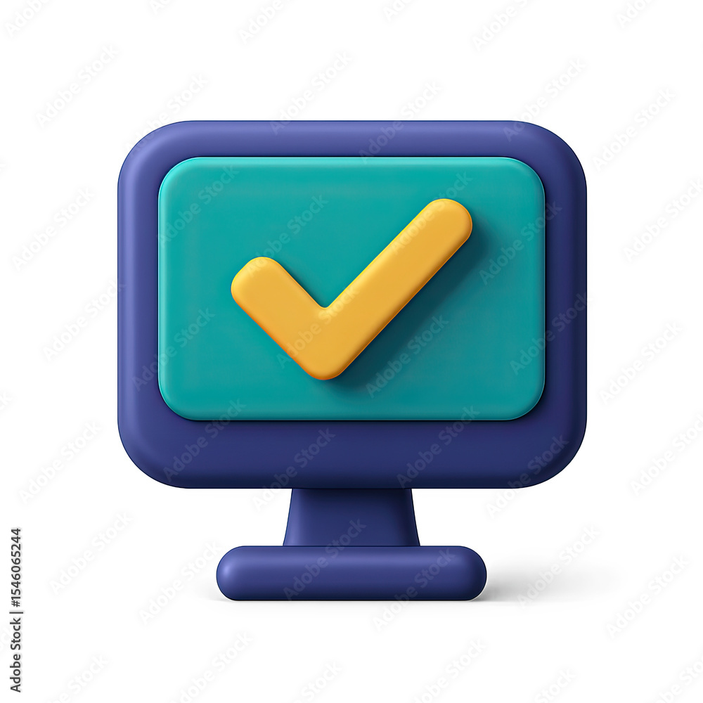Poster 3d render of teal and yellow check mark icon on blue computer monitor