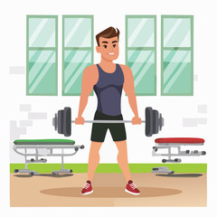 Fototapeta premium strong young man working out with dumbbells in a gym, vector cartoon illustration