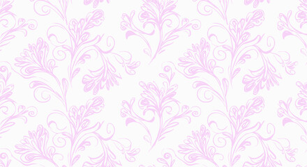 Soft and ethereal floral pattern featuring faded, light pink flower and leaf silhouettes scattered across.