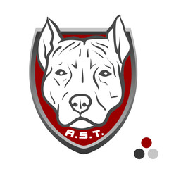 Classic shield emblem: Vector AmStaff head (front view) on dark red background with metallic grey beveled border. Features A.S.T. abbreviation below chin. Premium breed insignia for pedigrees or clubs