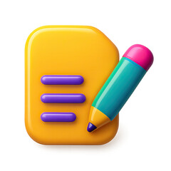 3D Render of Yellow Note Icon with Teal Pencil