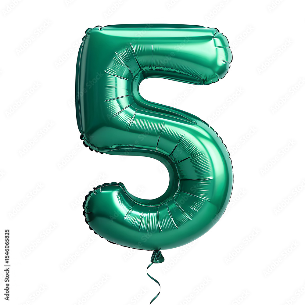 Fototapete a balloon shaped like the number 5,emerald green metallic finish with realistic reflections and smoo