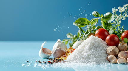 Fresh herbs, tomatoes, garlic, and salt create vibrant culinary scene, evoking sense of flavor and freshness in cooking