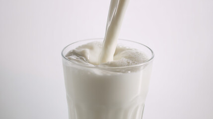 High - Resolution Close - up of Milk Being Poured into a Glass Against a White Background, Capturing Every Detail of the Pouring Process.