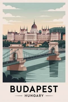 Vintage Travel Poster of Budapest Parliament and Chain Bridge, Hungary

