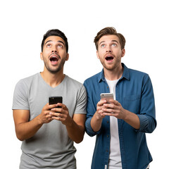 happy young men with mobile phone. Surprised young men looking above while holding a phone isolated on white background.