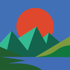 Abstract geometric mountain landscape sunset, Bold Geometric Mountain Sunset Vector Art Illustration, mountain vector silhouette Clipart design, Minimalist Mountain Landscape Vectors Illustration