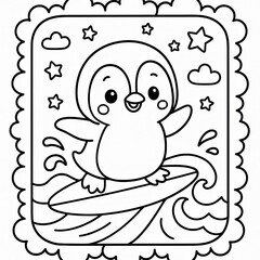 Obraz premium Adorable Penguin Surfing a Wave Kawaii Black and White Line Art Illustration