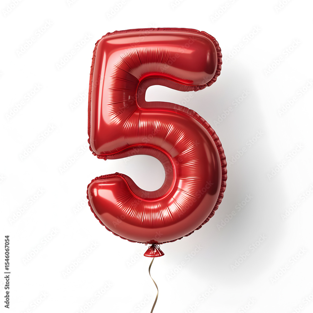 Fototapete a balloon shaped like the number 5,glossy red metallic finish with realistic reflections and smooth 