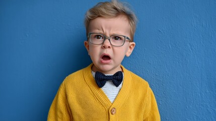 Young boy wearing glasses and a yellow shirt with a bow tie is looking at the camera with a surprised expression