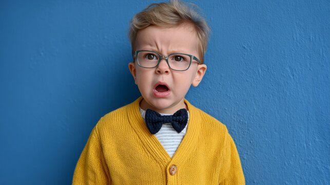 Young boy wearing glasses and a yellow shirt with a bow tie is looking at the camera with a surprised expression