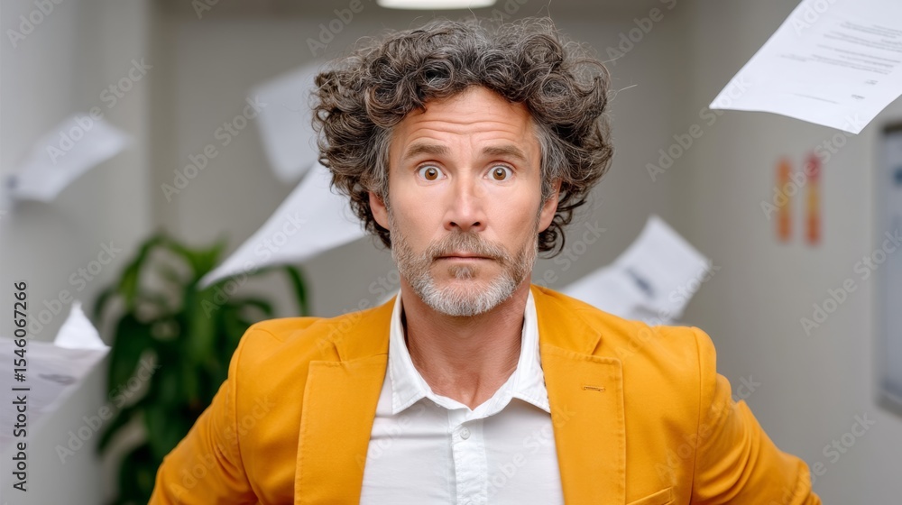 Poster man in a yellow jacket is looking at the camera with his hands in his pockets. concept of chaos and 