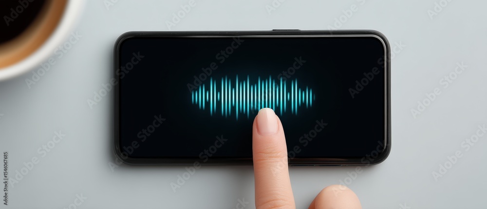 Poster voice recording action on smartphone touchscreen in modern workspace digital interface technology cl