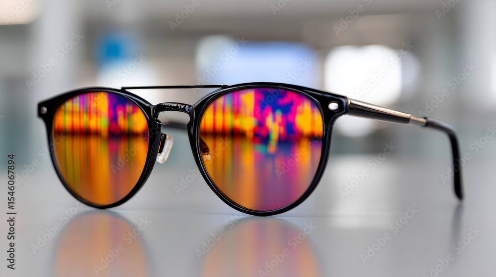 Poster pair of sunglasses with a colorful frame. the frame is made of a material that reflects light, creat