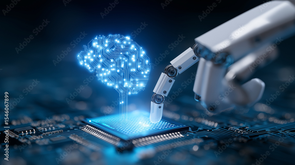 Poster ai robot touching a smart circuit board with a vibrant electronic brain