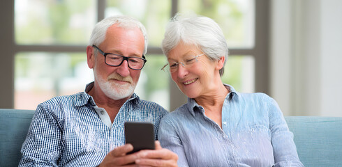 Happy elderly couple sitting together and using a smartphone. Senior man and woman enjoying digital technology, browsing or making video calls at home.