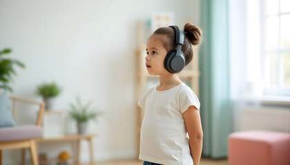 Autistic child wearing noise cancelling headphones in calm home environment with natural light