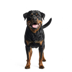 Fototapeta premium black labrador puppy. portrait of a black dog on white background. Cute smiling Rottweiler dog looking happy isolated on white background.