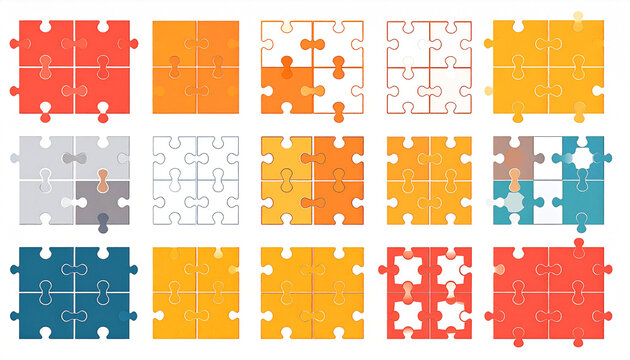 Twelve colorful jigsaw puzzle pieces in various stages of completion, showcasing different connection points and missing pieces