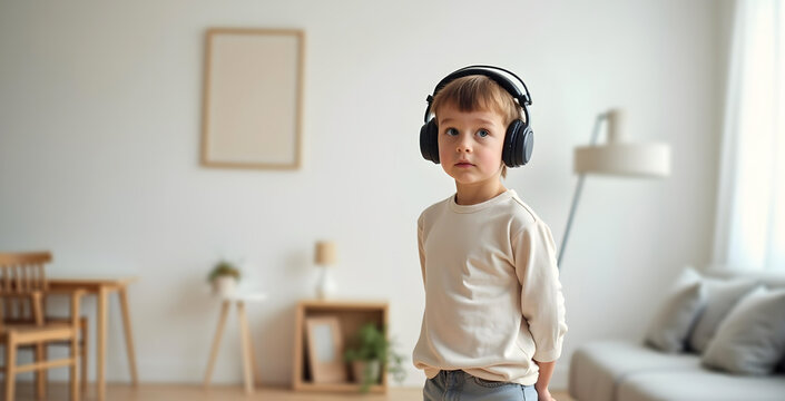 Autistic child wearing noise cancelling headphones in calm home environment with natural light