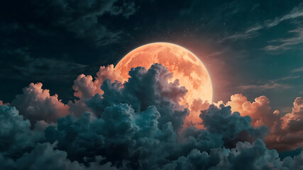 AI-generated image. Glowing blood Moon rises through puffy, dark clouds in the night sky at twilight