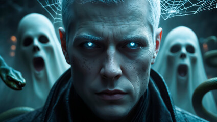 AI-generated image. Man with glowing blue eyes surrounded by ghosts and snakes at Night on Halloween
