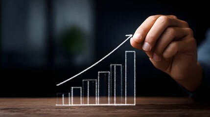 A chalk-style white hand-drawn ascending bar graph on a wooden surface, with increasing bars and an upward arrow symbolizing growth, progress, or success.










