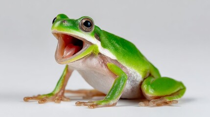 Frog is sitting on a white surface and has its mouth open. The frog is green and white in color