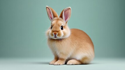 Fototapeta premium Small brown rabbit is sitting on a green surface. The rabbit is looking at the camera with its ears up