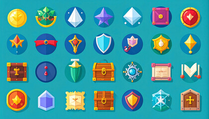 Fototapeta premium A vibrant collection of 28 flat-style game icons depicting fantasy-themed rewards, items, and UI elements, featuring gems, chests, shields, and more, on a teal background