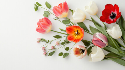 Vibrant arrangement of tulips and delicate flowers showcasing various colors and textures, creating cheerful atmosphere